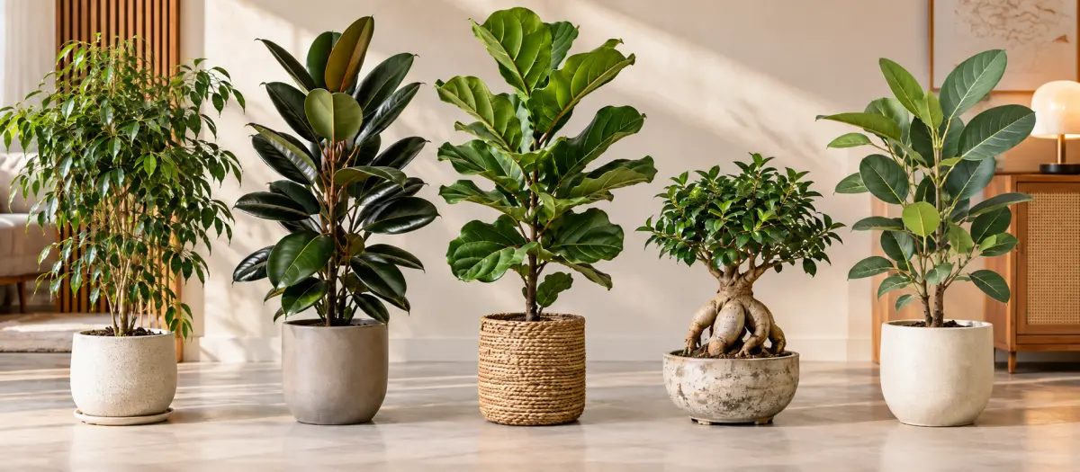 Five potted ficus lined up in a bright living room, including a weeping fig, a rubber plant, a fiddle-leaf fig and a ginseng ficus