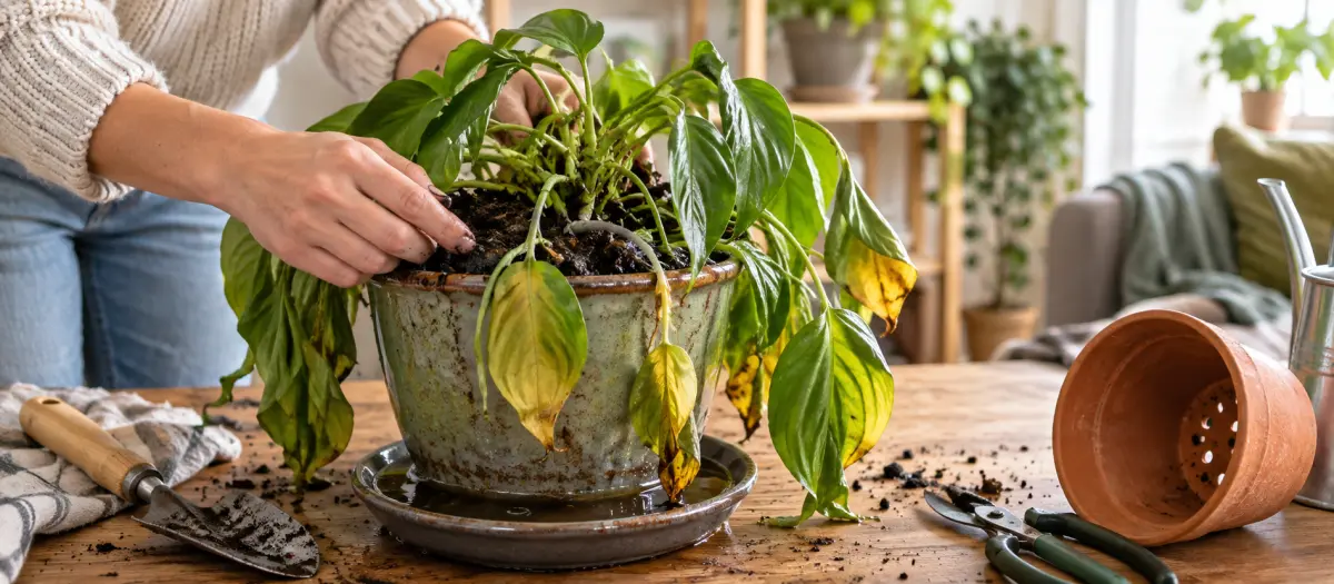 Une personne enfonce les doigts dans le terreau d'une plante aux feuilles jaunies et molles, dont la soucoupe est remplie d'eau