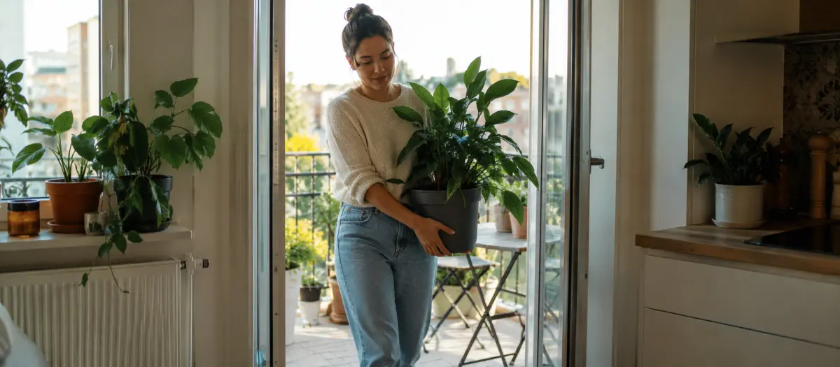 Una mujer lleva una planta grande en maceta desde el balcón al interior de su piso