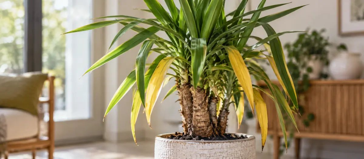 Indoor yucca with several trunks in a white pot, several of its lower leaves turned yellow, in front of a bright window