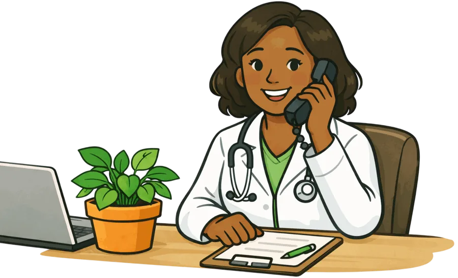 Une docteure des plantes au téléphone, à son bureau, à côté d'une plante en pot