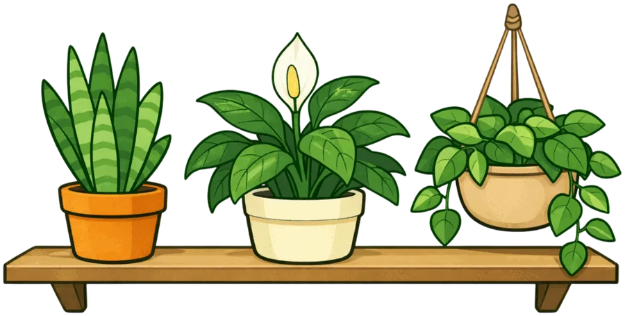 Une étagère avec trois plantes en pot