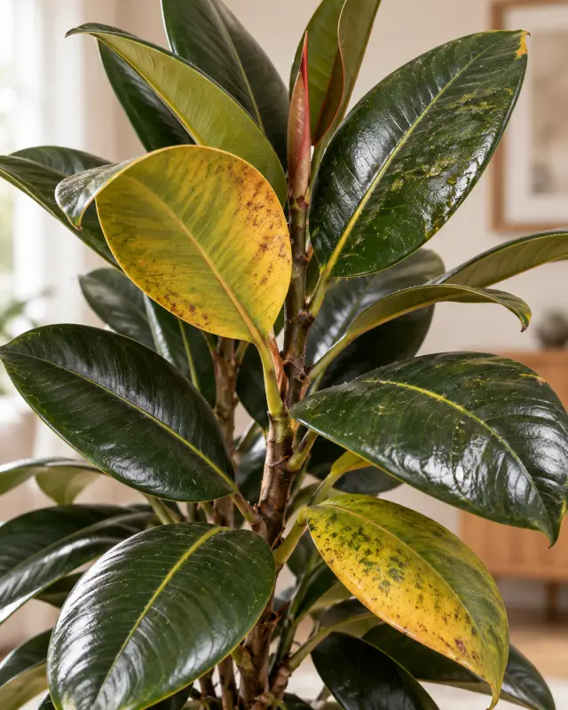 Rubber plant with two leaves turning yellow and brown-spotted among glossy dark green leaves