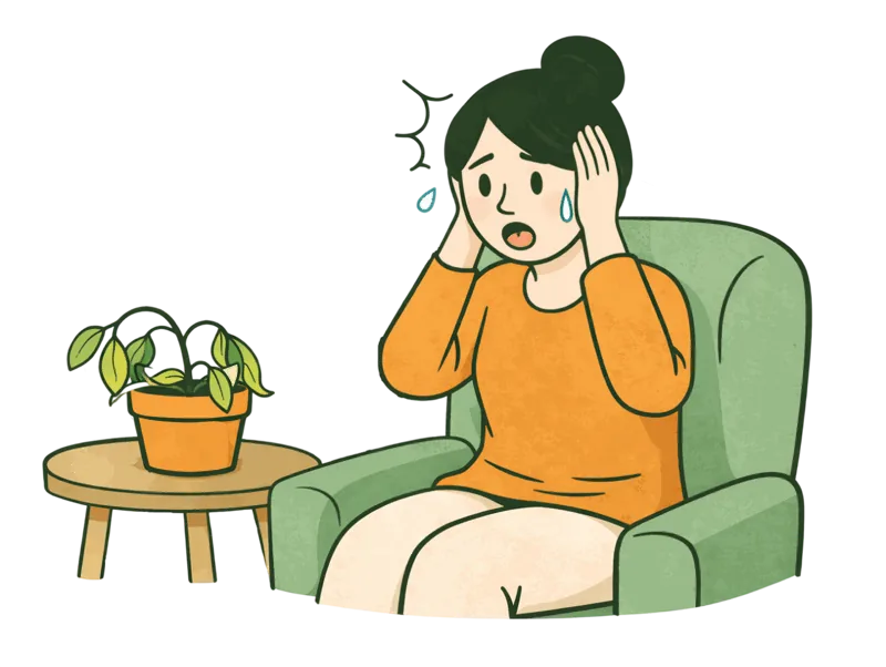 Une jeune femme, la main sur la joue, inquiète devant une plante qui dépérit