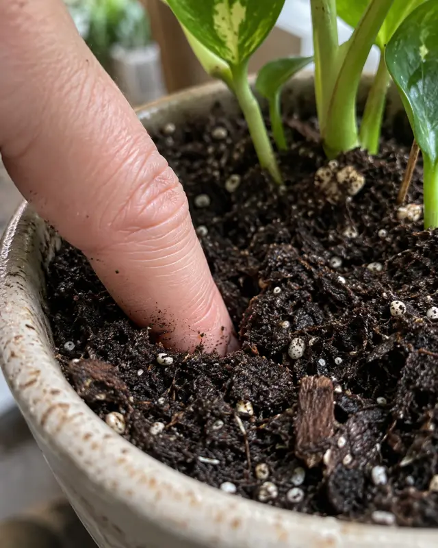 Un doigt enfoncé dans le terreau d'une plante en pot pour vérifier s'il est humide