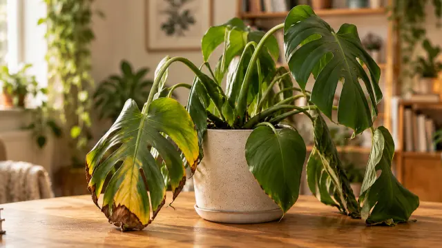 Monstera con hojas amarillentas y caídas