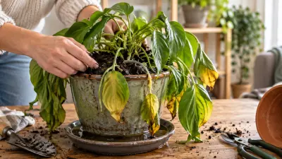 A person checking the soil of a plant with yellowing, limp leaves