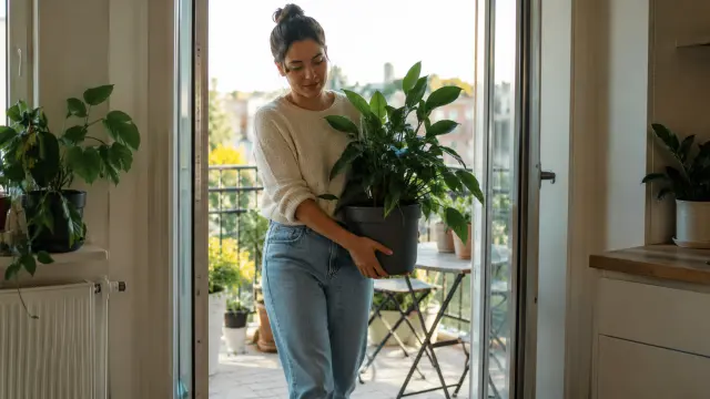 Femme rentrant une plante en pot depuis son balcon