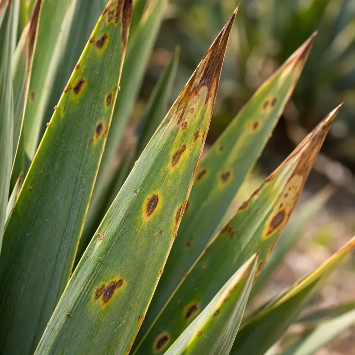 Yucca leaves covered in small oval brown spots ringed with yellow, with dry brown tips